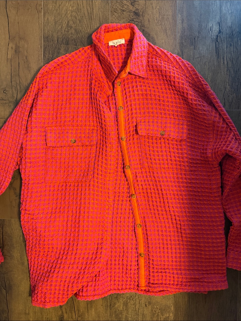 LA MIEL Bright Pink and Orange Waffle Button-Down Shirt